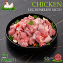 Raw boneless chicken pieces, diced and leg boneless, presented in a black bowl with garnish of cilantro, garlic, and red chili slices on a dark marble background. Prominent text reads 'CHICKEN LEG BONELESS DICED' and the brand logo 'IKHLAS HALAL BUTCHER' is visible in the top left.