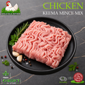 Raw minced chicken meat on a black plate with herbs and garlic, labeled 'CHICKEN KEEMA MINCE MIX' with the Ikhlas Halal Butcher logo and delivery badges.