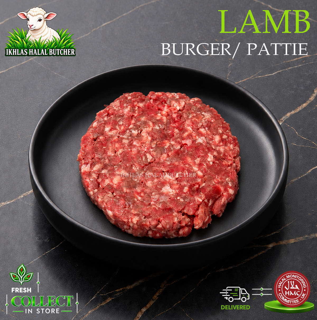 Halal lamb burgers, on a black plate (photo 3), Ikhlas Halal Butcher, Bradford
