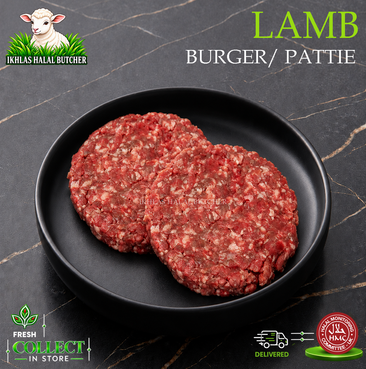 Halal lamb burgers, pack of 4, on a black plate, Ikhlas Halal Butcher, Bradford