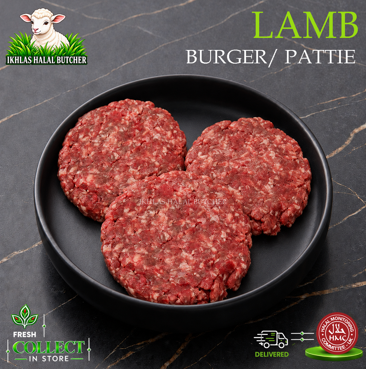 Halal lamb burgers, on a black plate (photo 2), Ikhlas Halal Butcher, Bradford