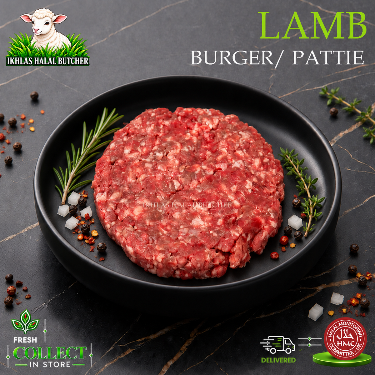 Halal lamb burgers, with rosemary and peppercorns, on a black plate, Ikhlas Halal Butcher, Bradford