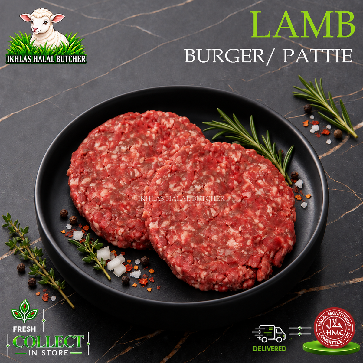 Halal lamb burgers, with rosemary and onion, on a black plate, Ikhlas Halal Butcher, Bradford