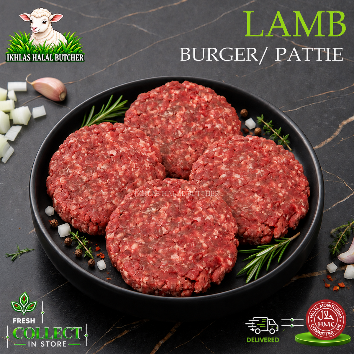 Halal lamb burgers, pack of 12, with rosemary and garlic, on a black plate, Ikhlas Halal Butcher, Bradford