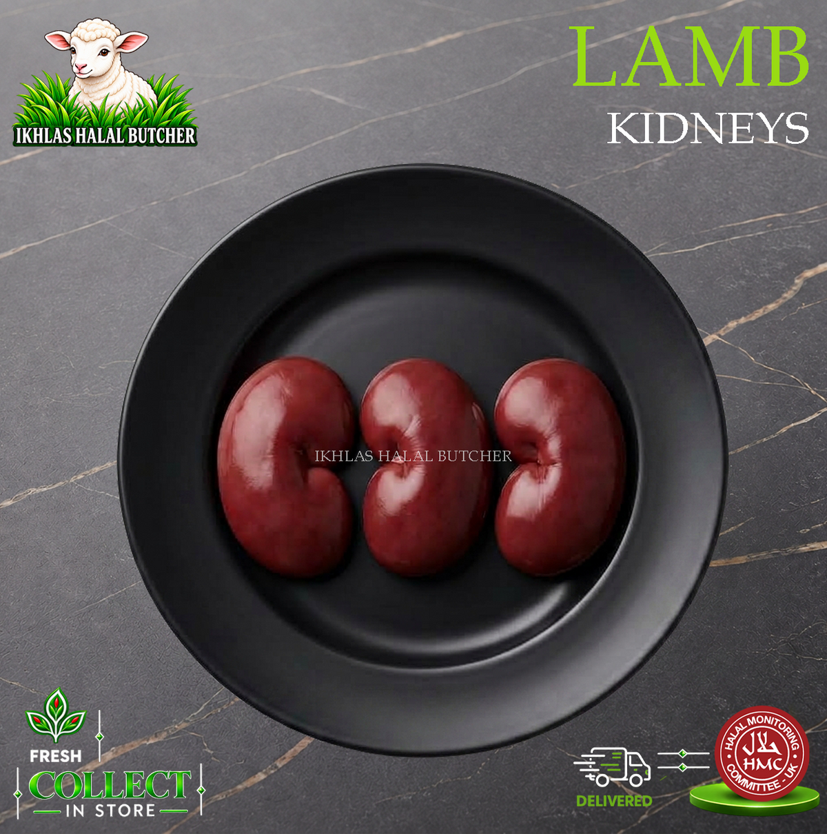 Halal lamb kidney, on a black plate (photo 2), Ikhlas Halal Butcher, Bradford