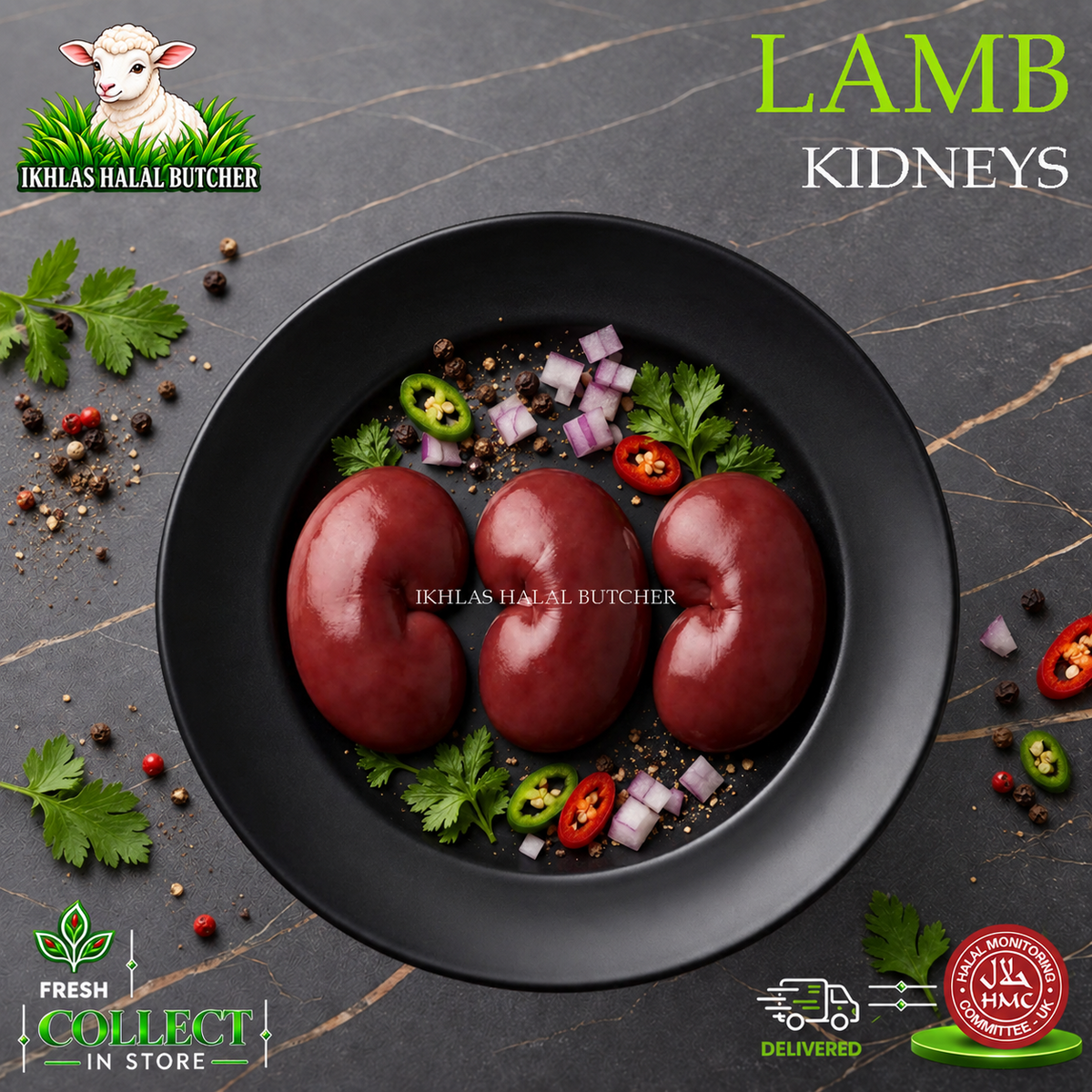 Halal lamb kidney, with parsley and chilli, on a black plate (photo 2), Ikhlas Halal Butcher, Bradford