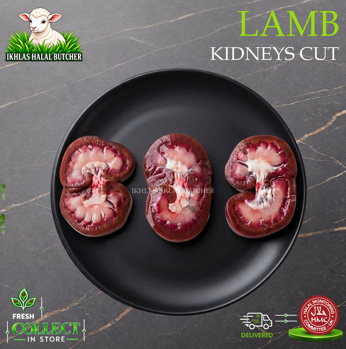 Halal lamb kidney, on a black plate (photo 1), Ikhlas Halal Butcher, Bradford