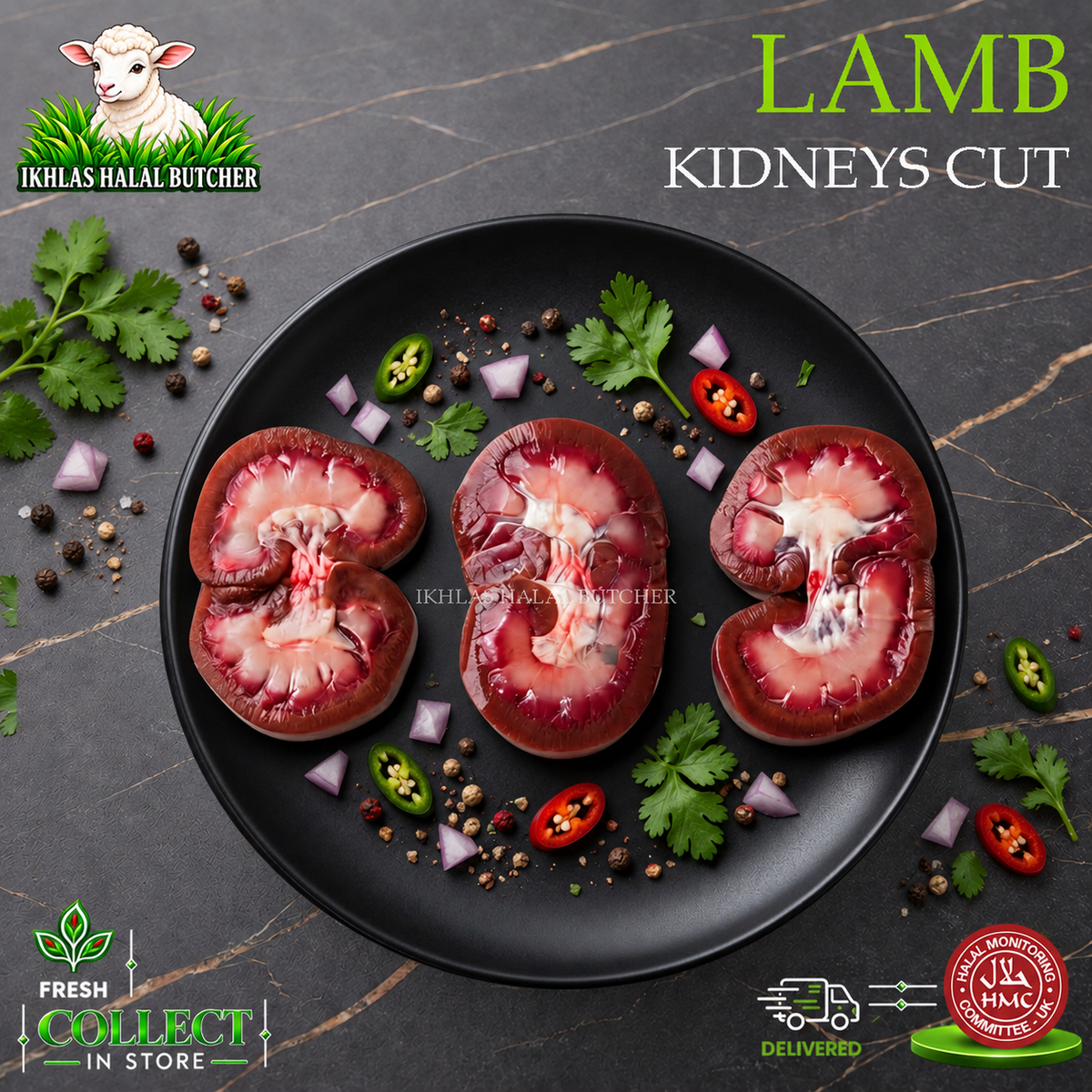 Halal lamb kidney, with parsley and chilli, on a black plate (photo 1), Ikhlas Halal Butcher, Bradford