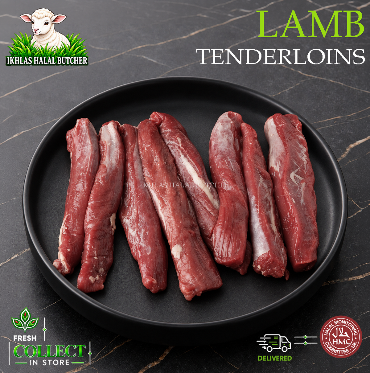 Halal lamb fillet, on a black plate, Ikhlas Halal Butcher, Bradford