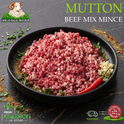 Raw minced beef mix mince in a black bowl, labeled 'MUTTON BEEF MIX MINCE' with the Ikhlas Halal Butcher logo and delivery badges on a dark stone background.