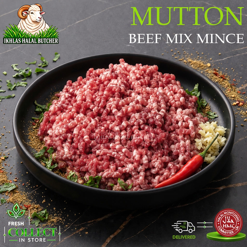 Raw minced beef mix mince in a black bowl, labeled 'MUTTON BEEF MIX MINCE' with the Ikhlas Halal Butcher logo and delivery badges on a dark stone background.