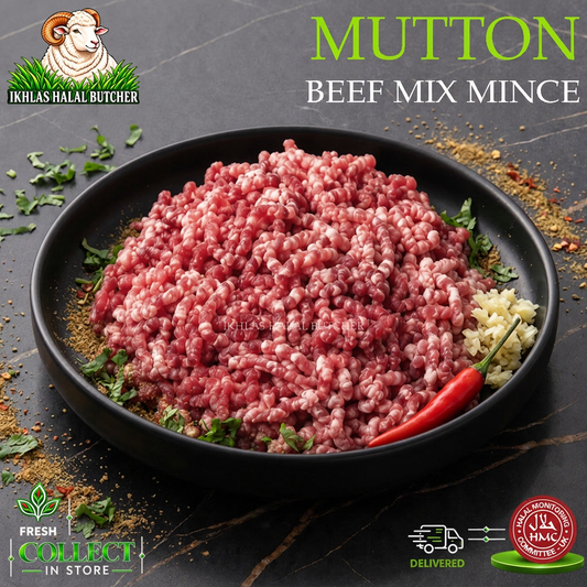 Raw minced beef mix mince in a black bowl, labeled 'MUTTON BEEF MIX MINCE' with the Ikhlas Halal Butcher logo and delivery badges on a dark stone background.