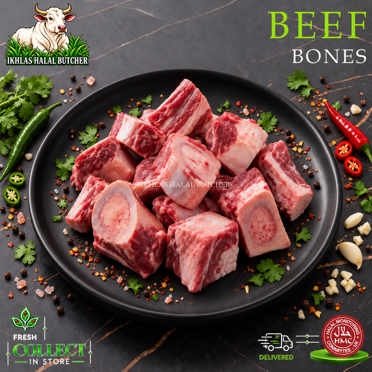 Halal beef bones, with spices and herbs, on a black plate (photo 1), Ikhlas Halal Butcher, Bradford