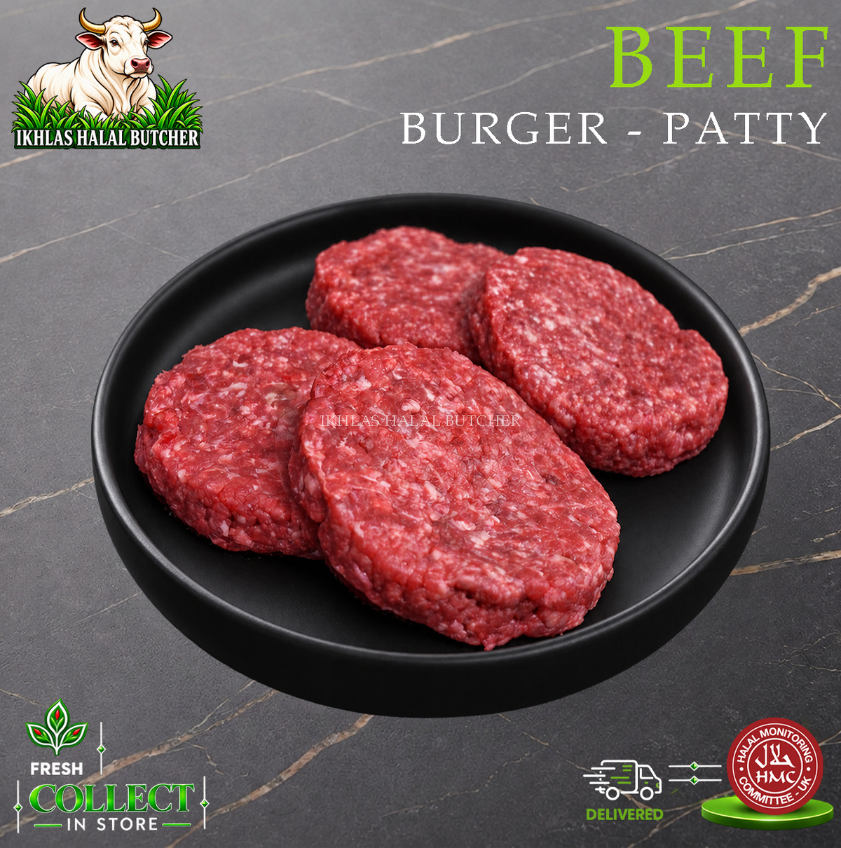Halal beef burgers, on a black plate, Ikhlas Halal Butcher, Bradford
