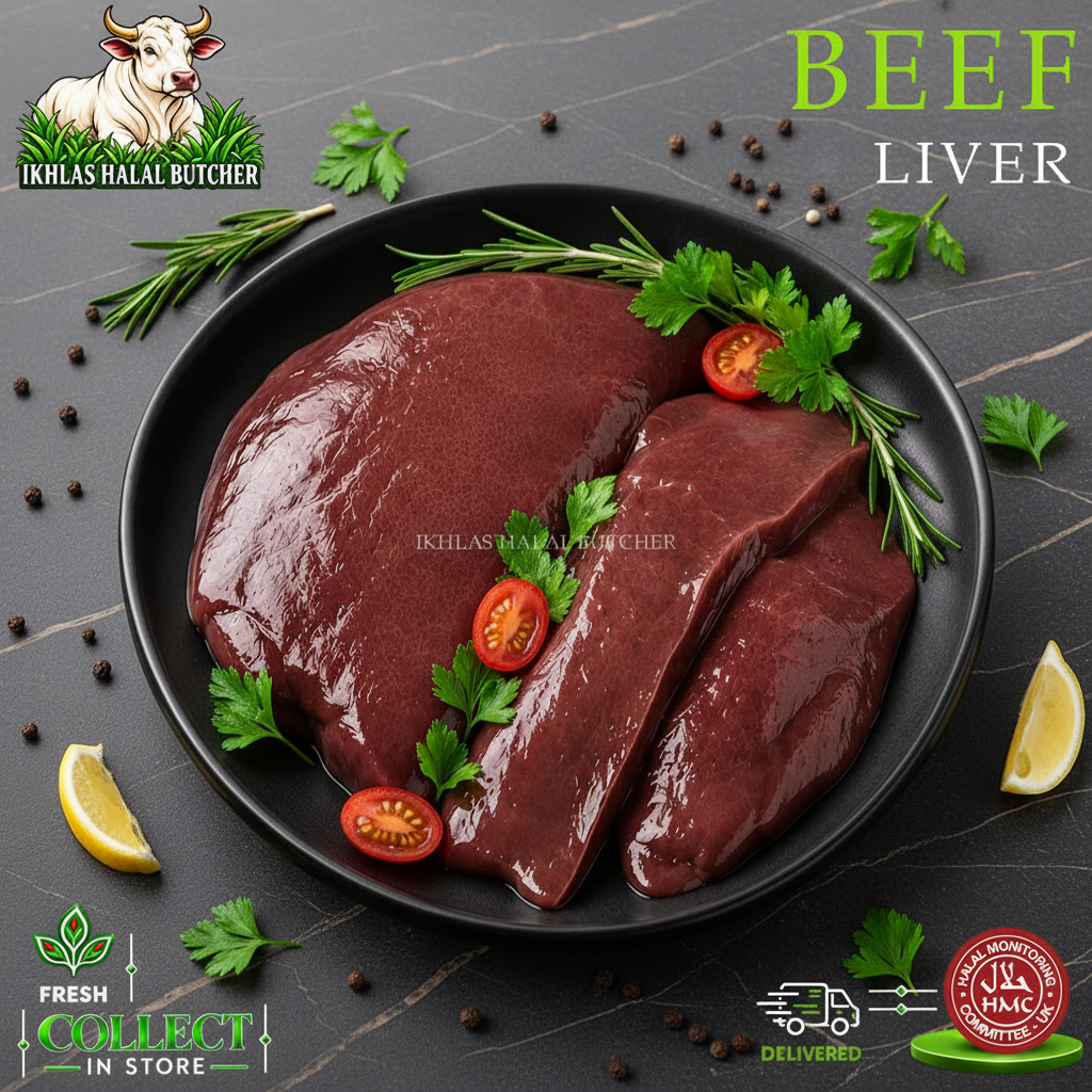 Halal beef liver, with parsley and tomato, on a black plate, Ikhlas Halal Butcher, Bradford