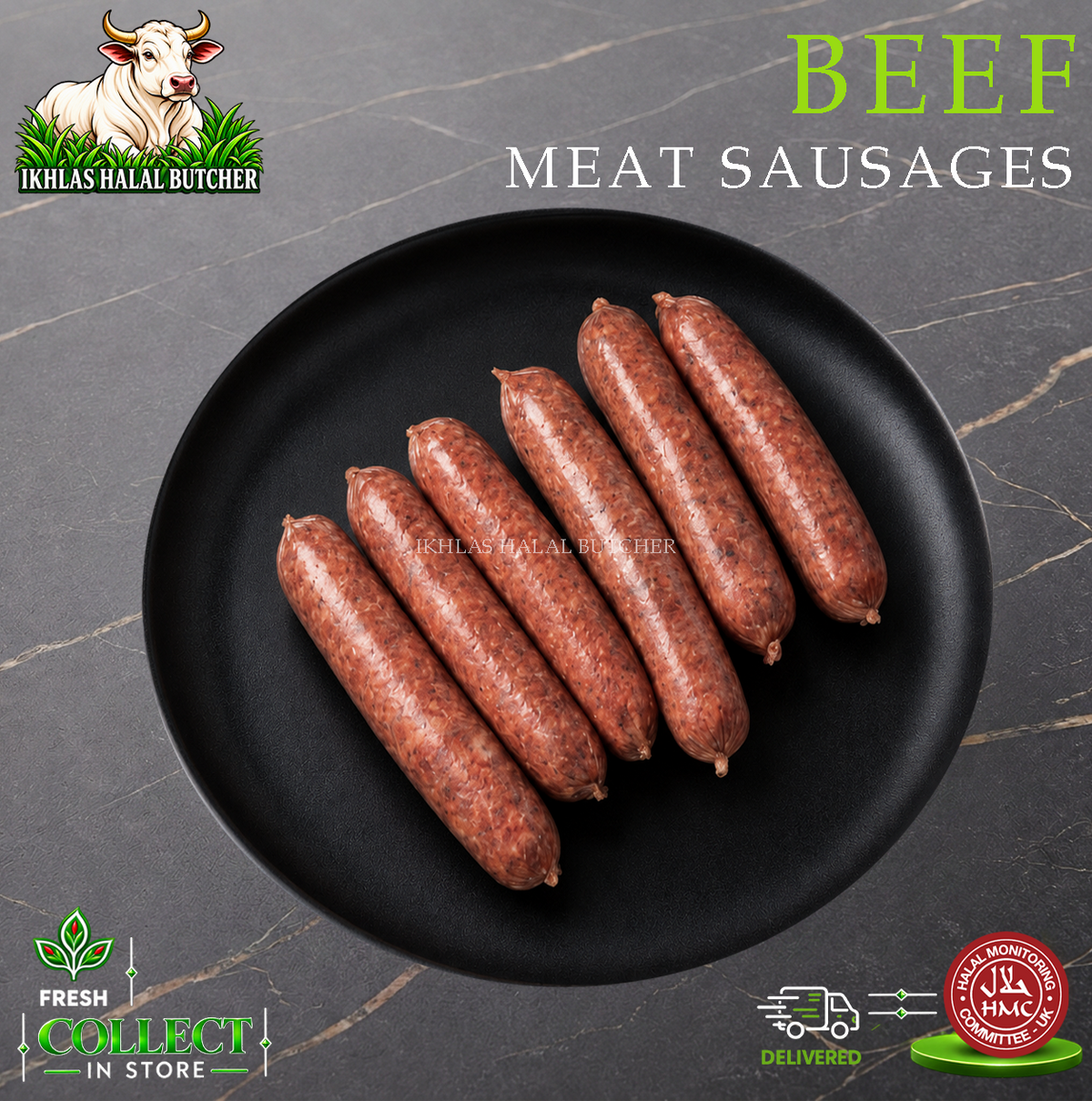 Halal beef sausages, on a black plate, Ikhlas Halal Butcher, Bradford