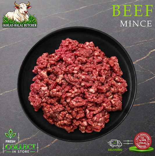 Halal beef mince, on a black plate, Ikhlas Halal Butcher, Bradford