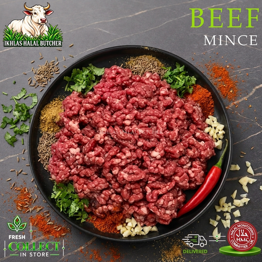 Halal beef mince, with chilli and garlic, on a black plate, Ikhlas Halal Butcher, Bradford