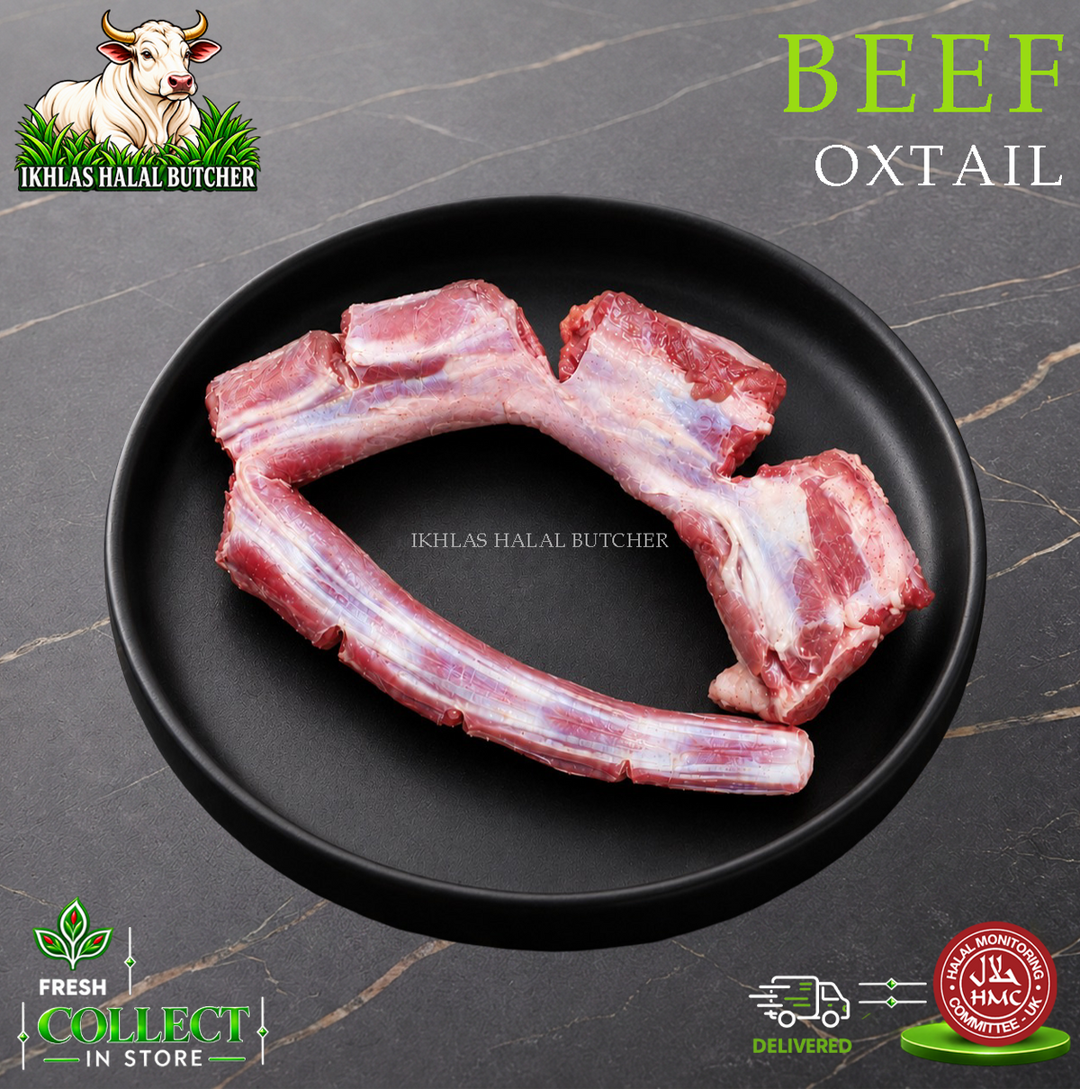 Halal ox tail, on a black plate (photo 3), Ikhlas Halal Butcher, Bradford
