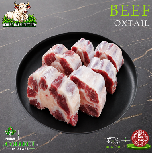 Halal ox tail, on a black plate (photo 1), Ikhlas Halal Butcher, Bradford
