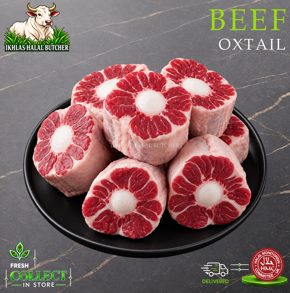 Halal ox tail, on a black plate (photo 2), Ikhlas Halal Butcher, Bradford