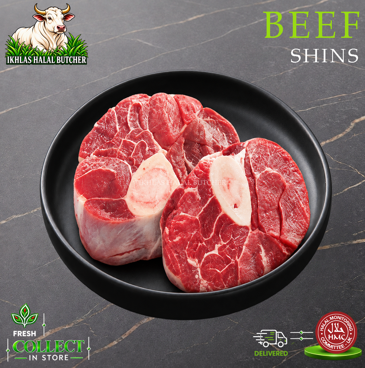 Halal beef shin, on the bone, on a black plate, Ikhlas Halal Butcher, Bradford