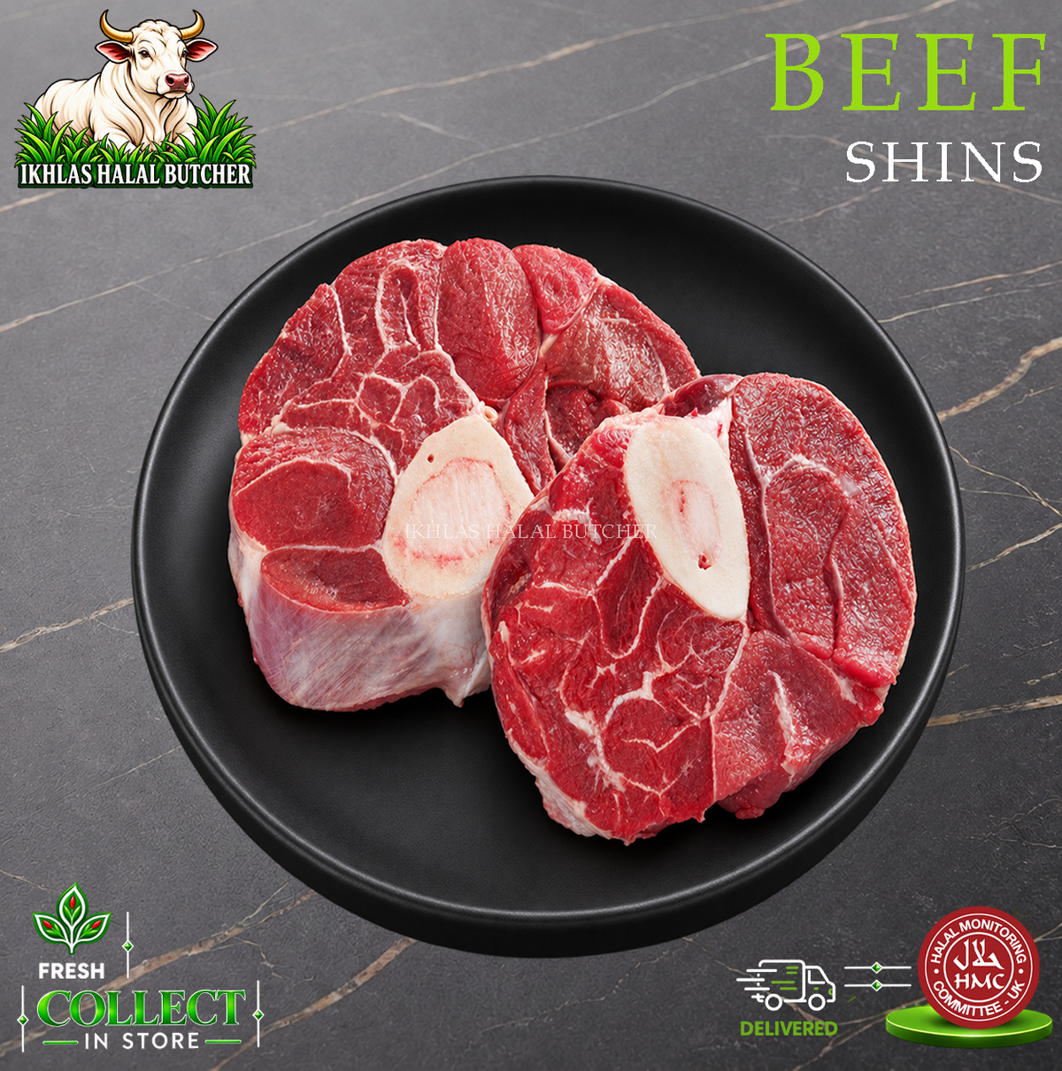 Halal beef shin, on a black plate, Ikhlas Halal Butcher, Bradford