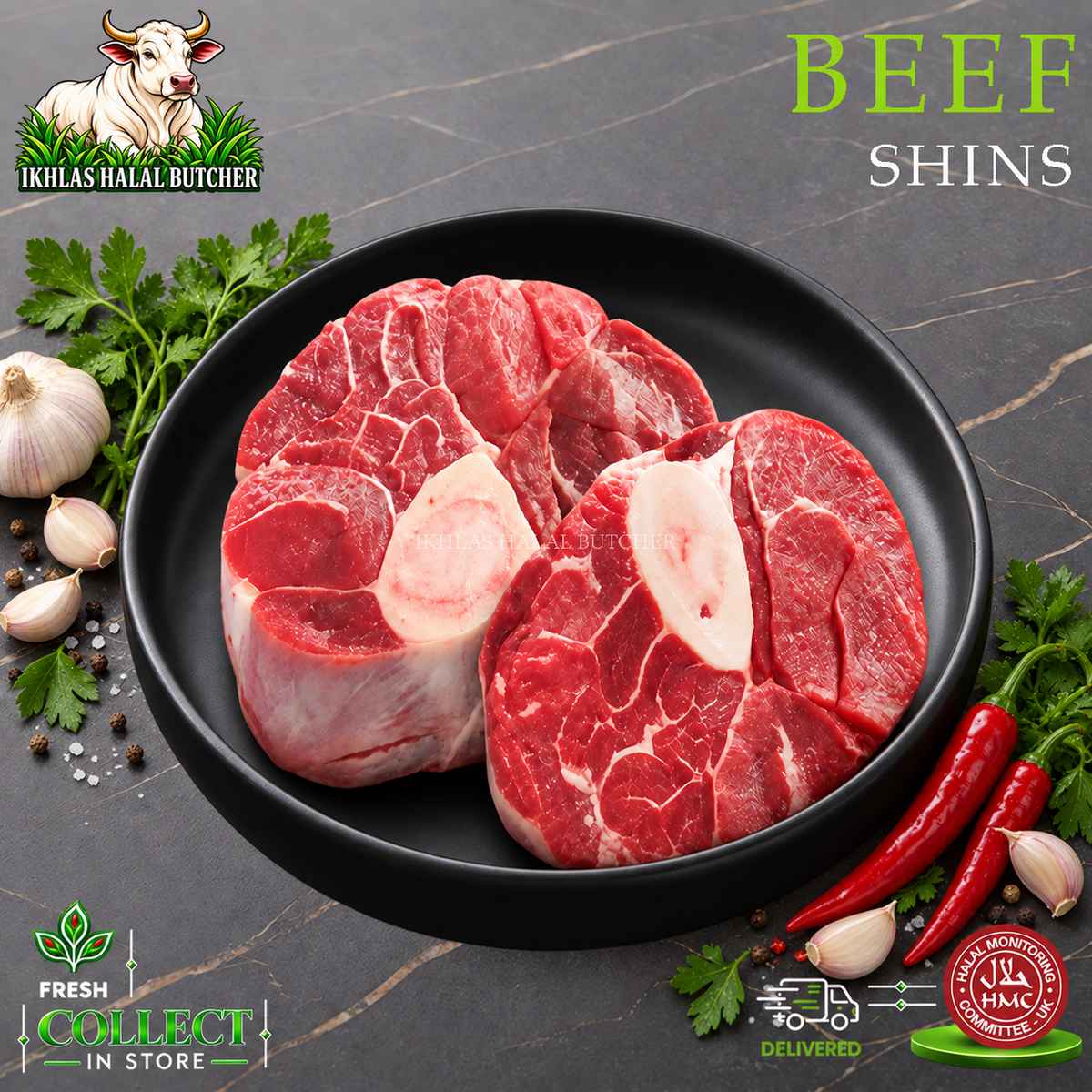 Halal beef shin, on the bone, with parsley and chilli, on a black plate, Ikhlas Halal Butcher, Bradford