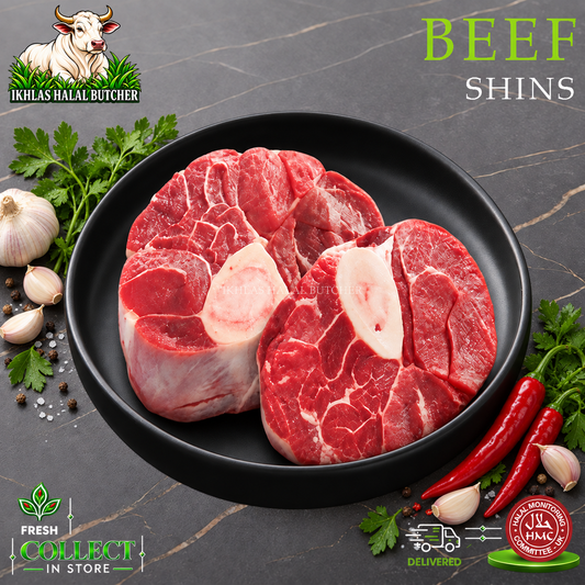 Halal beef shin, on the bone, with parsley and chilli, on a black plate, Ikhlas Halal Butcher, Bradford