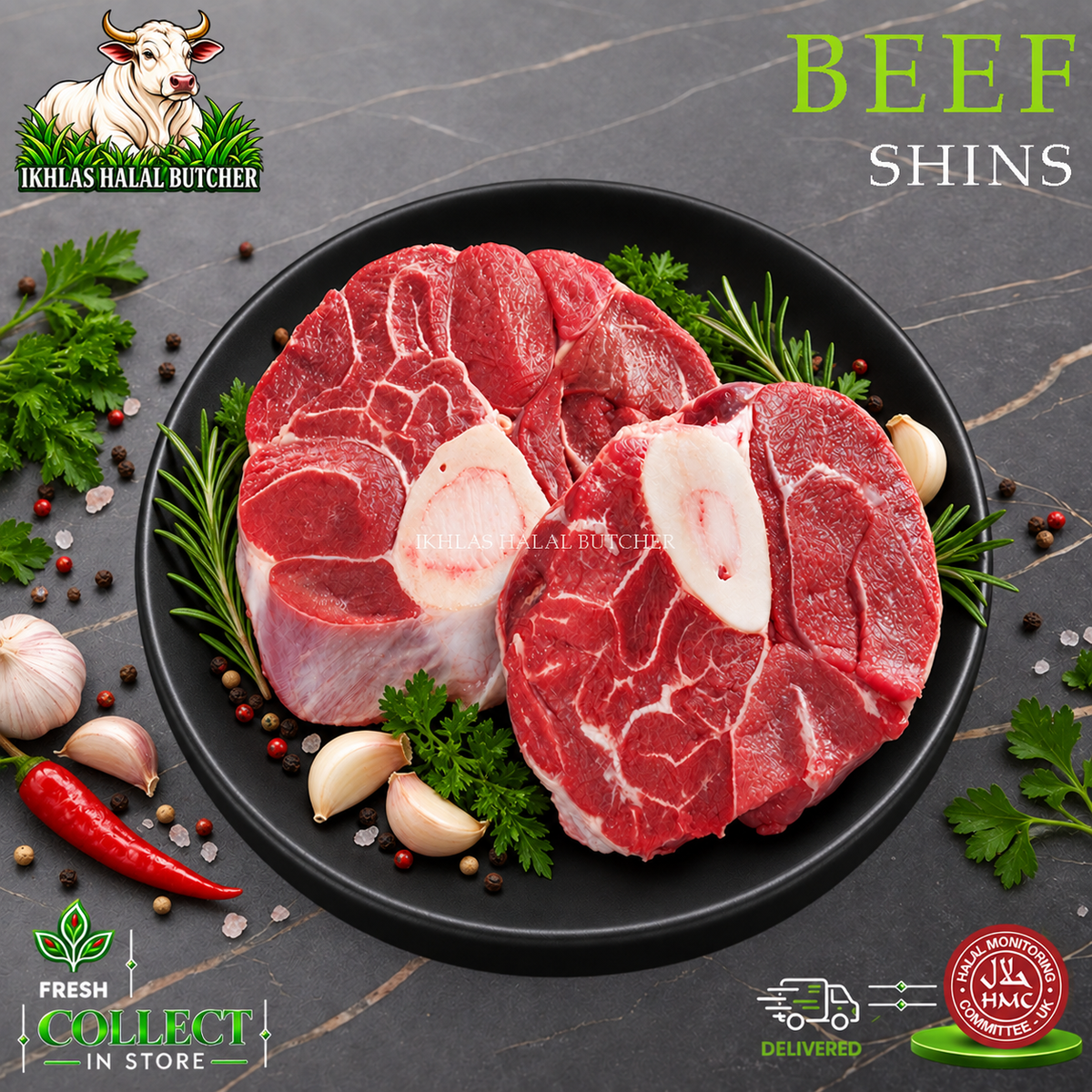 Halal beef shin, on the bone, with spices and herbs, on a black plate, Ikhlas Halal Butcher, Bradford