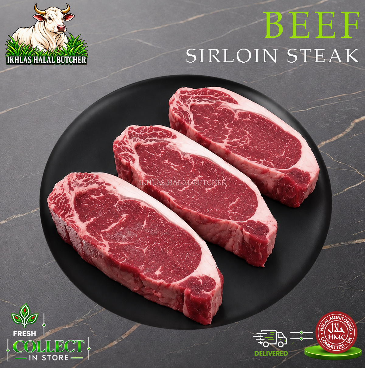 Halal beef sirloin steak, on a black plate (photo 1), Ikhlas Halal Butcher, Bradford