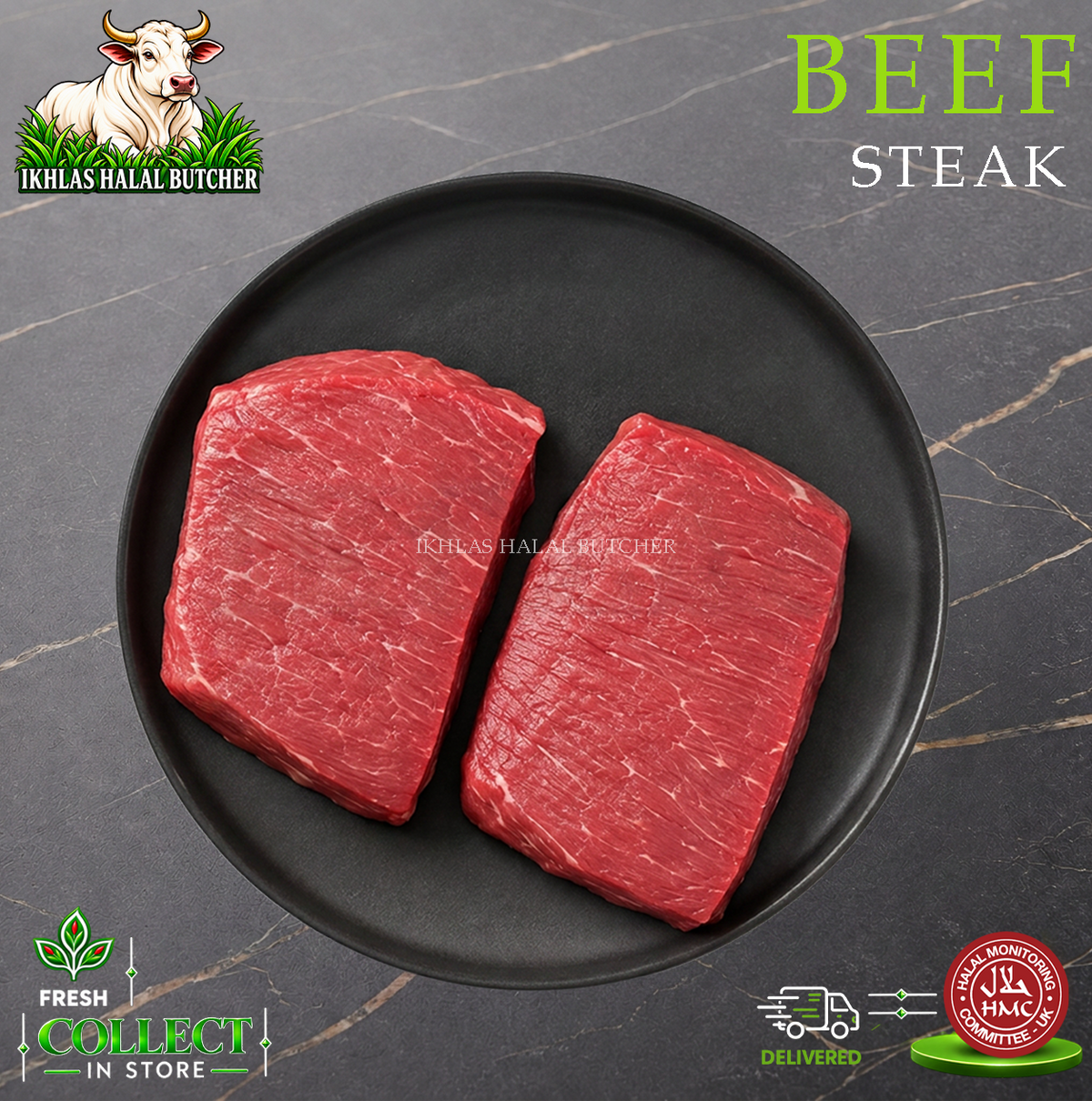 Halal beef steak, on a black plate, Ikhlas Halal Butcher, Bradford
