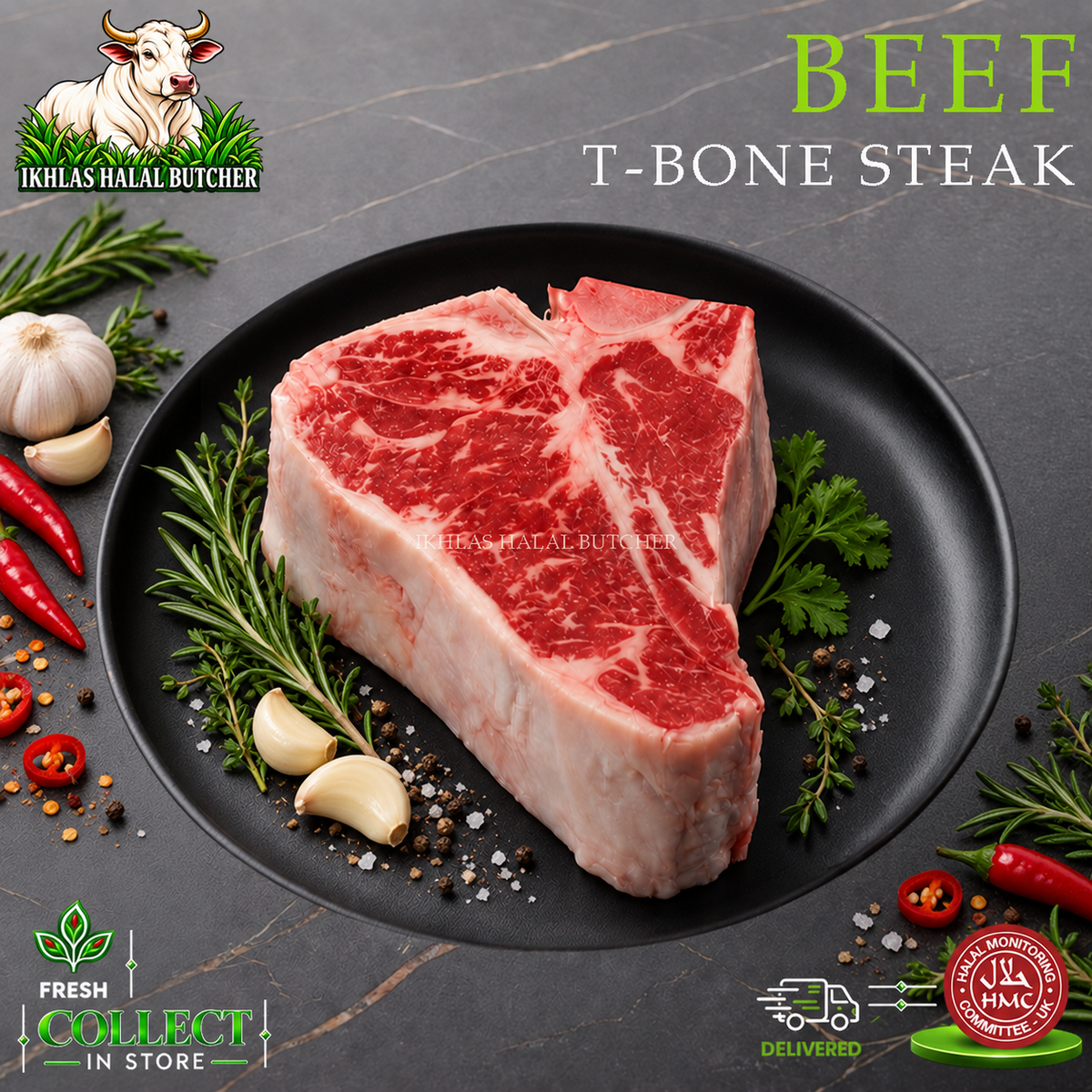 Halal beef t-bone steak, with rosemary and chilli, on a black plate, Ikhlas Halal Butcher, Bradford