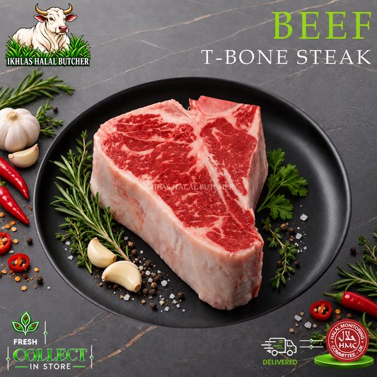 Halal beef t-bone steak, with rosemary and chilli, on a black plate, Ikhlas Halal Butcher, Bradford
