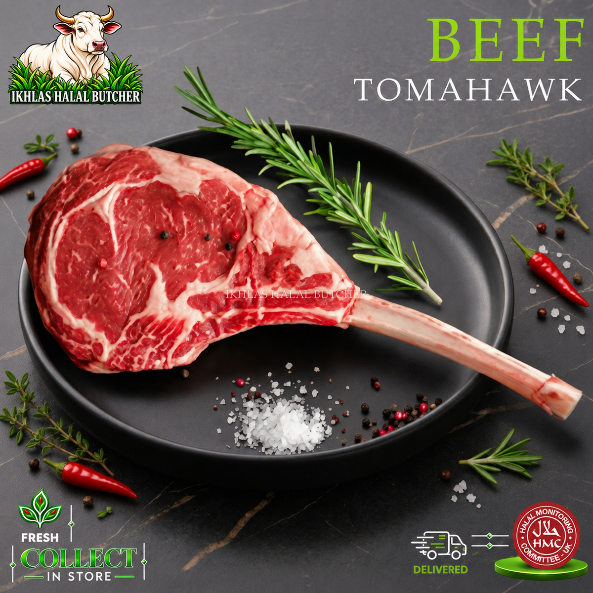 Halal beef tomahawk steak, with rosemary and peppercorns, on a black plate (photo 1), Ikhlas Halal Butcher, Bradford