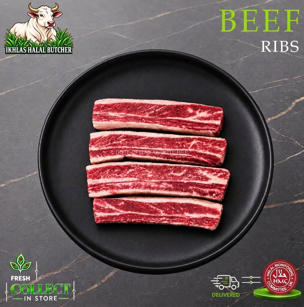 Halal beef ribs, on a black plate, Ikhlas Halal Butcher, Bradford