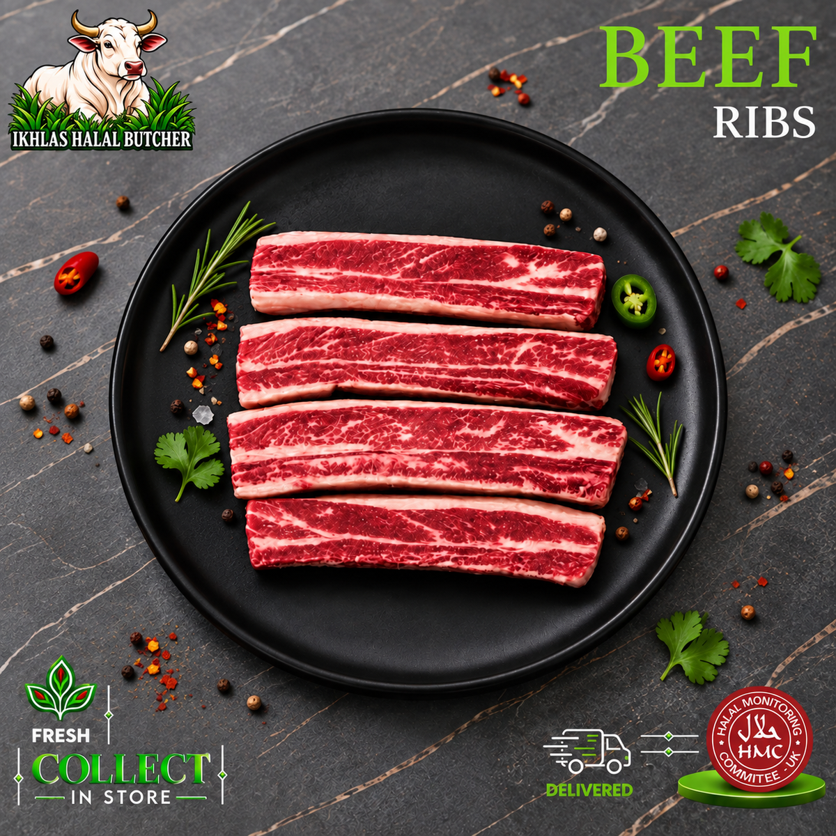 Halal beef ribs, with spices and herbs, on a black plate, Ikhlas Halal Butcher, Bradford