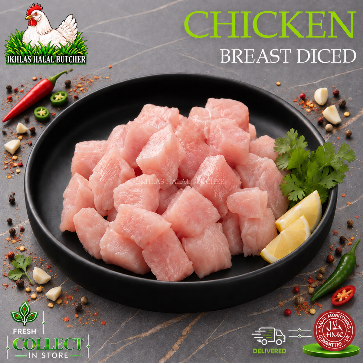 Halal diced chicken breast fillets, with lemon and parsley, on a black plate (photo 1), Ikhlas Halal Butcher, Bradford