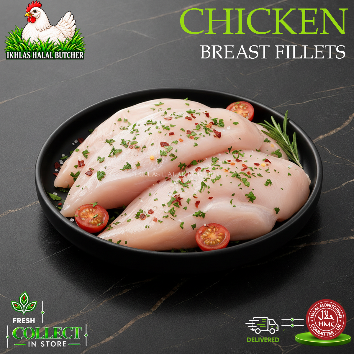 Four raw chicken breast fillets seasoned with herbs and spices, garnished with cherry tomatoes and a sprig of rosemary, served on a black plate against a dark marble background. The image includes branding for 'Ikhlas Halal Butcher' and promotional badges.