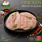 Raw sliced chicken breast pieces on a black plate, garnished with mint leaves and black pepper, with whole spices, garlic, chili peppers, and herbs scattered around on a dark stone surface. Text reads 'CHICKEN BREAST IN SLICES' and the Ikhlas Halal Butcher logo appears at top left.
