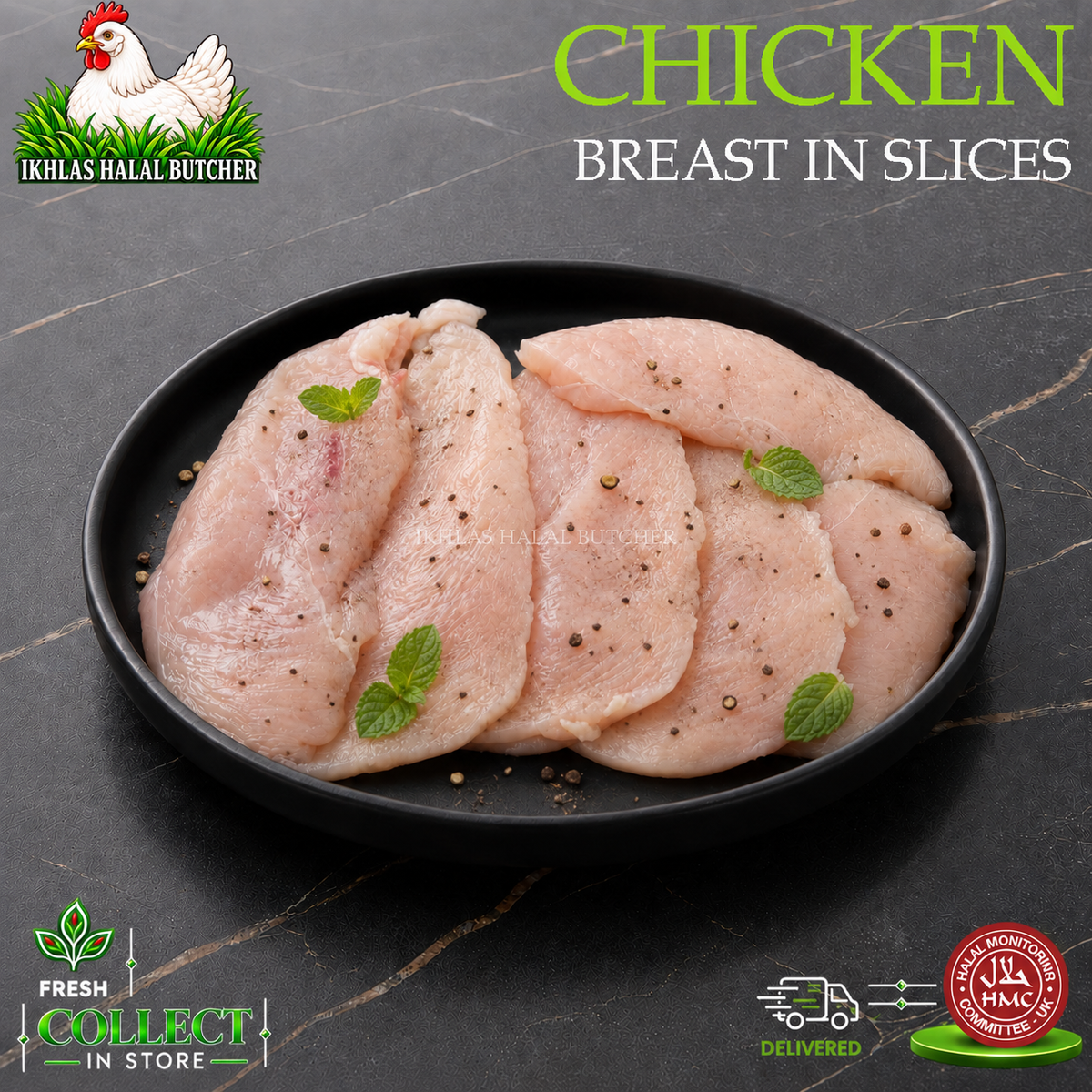 Raw sliced chicken breast pieces on a black plate, seasoned with black pepper and garnished with mint leaves, set on a dark marble surface with promotional text and logos.