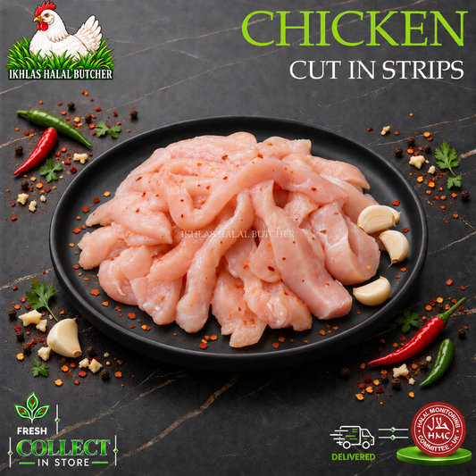 Raw sliced chicken breast cut into strips on a black plate, garnished with red chili peppers, garlic cloves, and spices, with branding and text overlays for 'Ikhlas Halal Butcher' and 'Chicken Cut in Strips'.