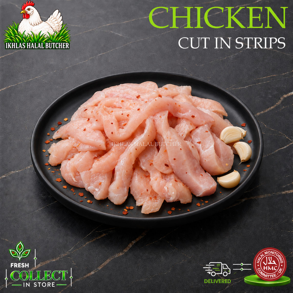 Raw sliced chicken cut in strips, seasoned with red pepper flakes, presented on a black plate with garlic cloves, set against a dark marble background with brand and delivery logos.