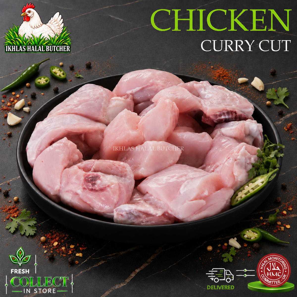 Raw chicken curry cut pieces piled in a black bowl on a dark stone surface, with green text reading 'CHICKEN CURRY CUT' and the Ikhlas Halal Butcher logo and badges around the edges.