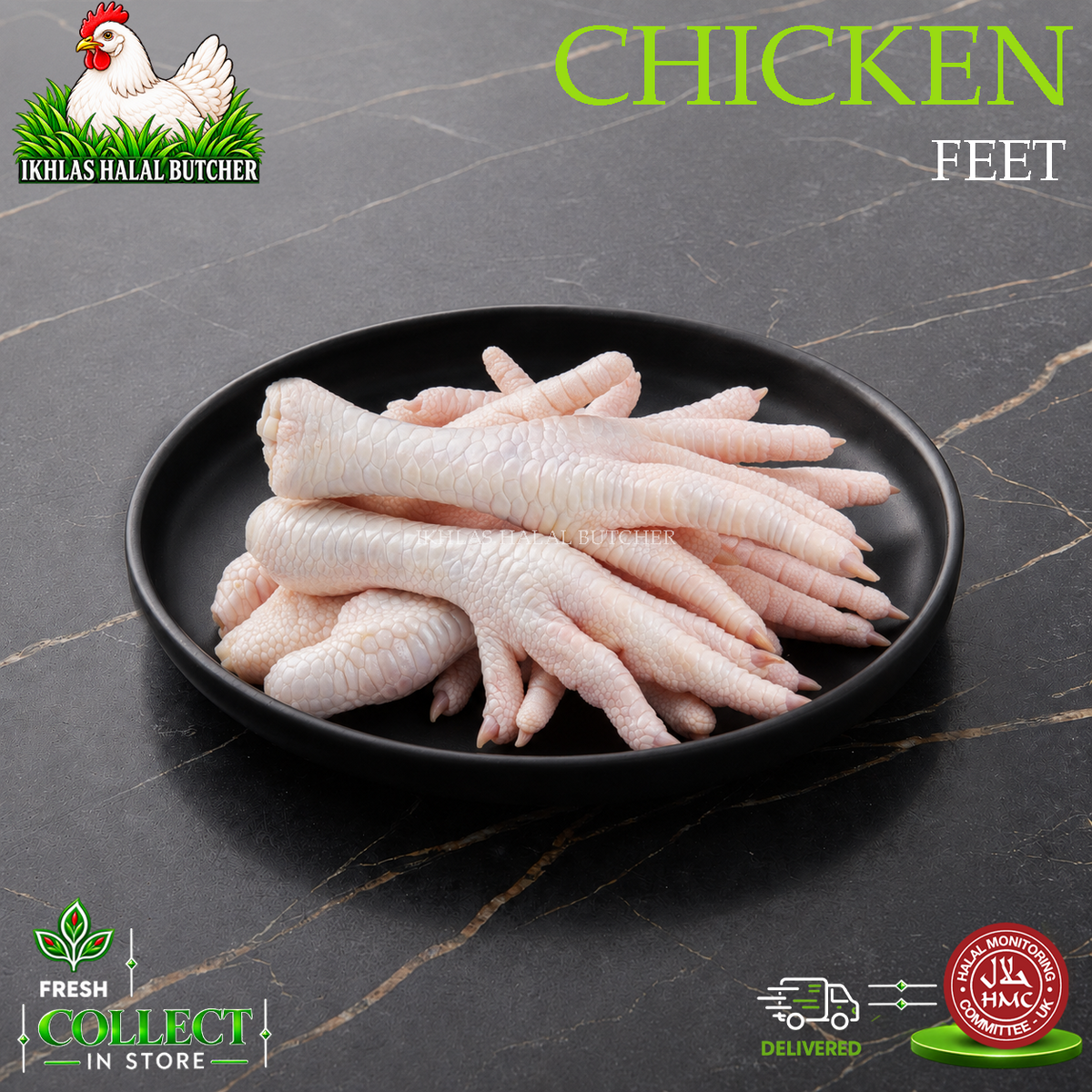 Halal chicken feet, on a black plate (photo 1), Ikhlas Halal Butcher, Bradford