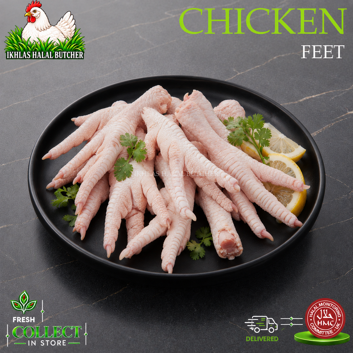 Raw chicken feet arranged on a black plate with lemon slices and parsley garnish, set on a dark marble surface. The image includes the Ikhlas Halal Butcher logo, 'CHICKEN FEET' text, and collect-in-store and delivery icons.