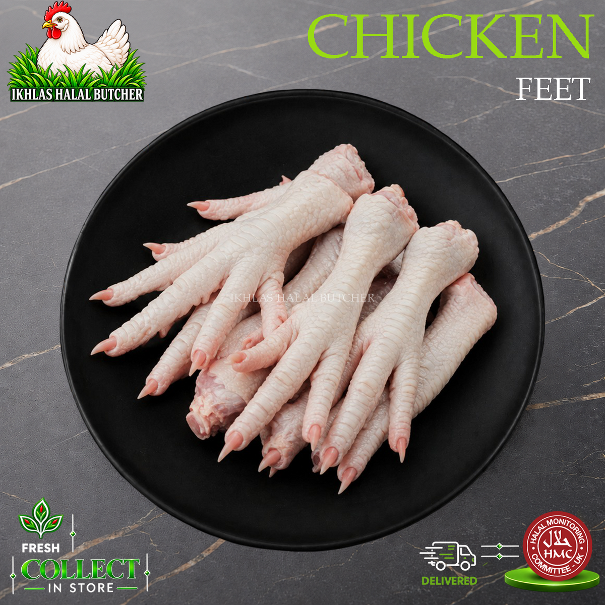 Halal chicken feet, on a black plate (photo 3), Ikhlas Halal Butcher, Bradford