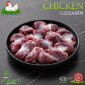 Raw chicken gizzards arranged on a black plate, with branding and promotional text around the product. The image shows the Ikhlas Halal Butcher logo, 'CHICKEN GIZZARDS' text, a 'Fresh Collect in Store' badge, and a delivery icon on a dark marble-like background.