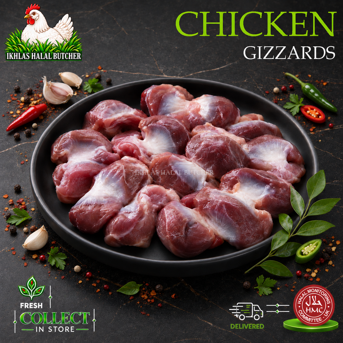 Raw chicken gizzards arranged on a black plate with herbs, garlic, chili, and spices, on a dark textured background. Large text reads 'CHICKEN GIZZARDS' and the Ikhlas Halal Butcher logo appears in the top left.