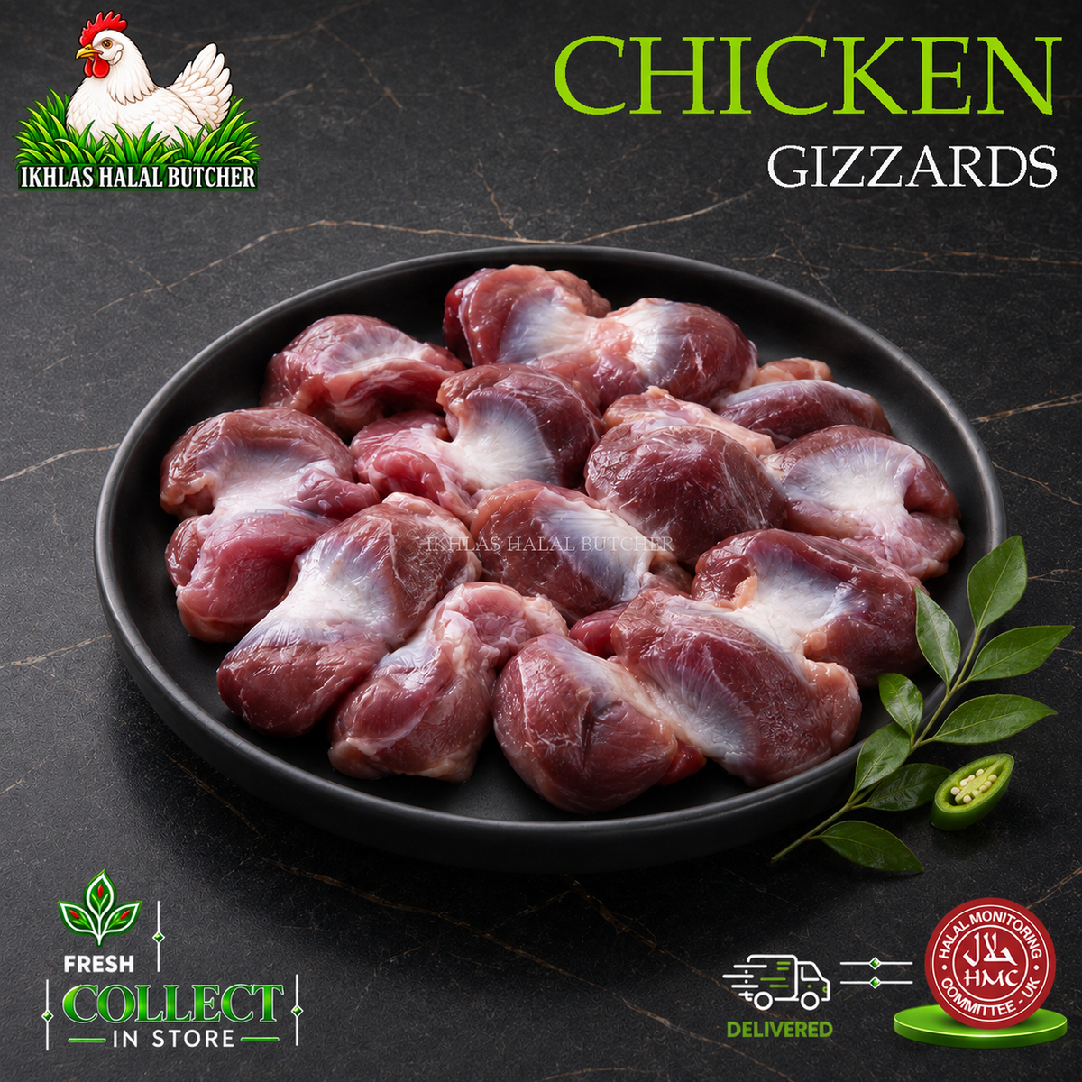 Raw chicken gizzards arranged on a black oval plate, with branding and promotional badges around the product on a dark textured background.